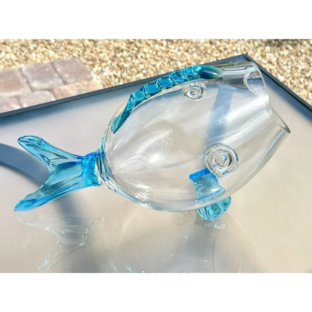 Vintage MCM Blenko Art Glass Fish Shape Sculpture Vase Bowl Clear Aqua Blue 14